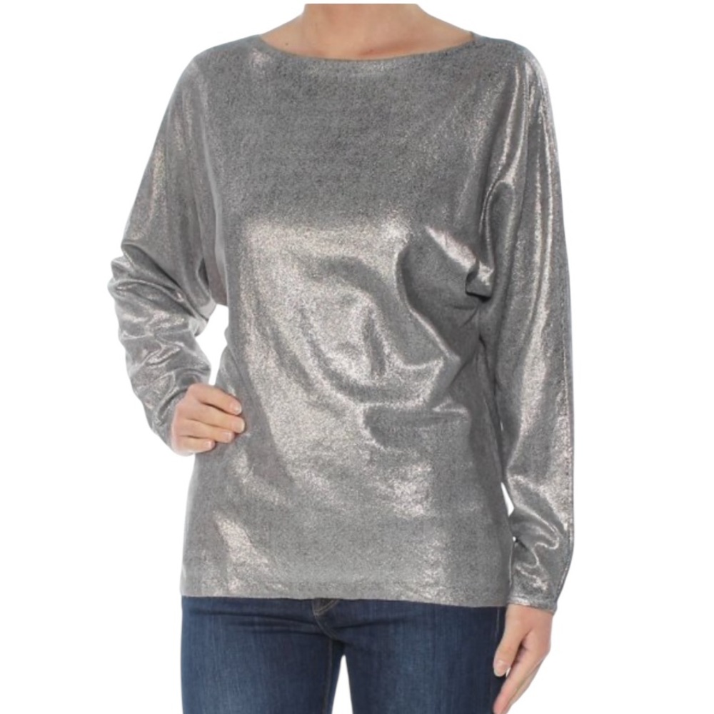 Lauren Ralph Lauren Metallic Silver Gray Dolman Long Sleeve Boatneck Top L